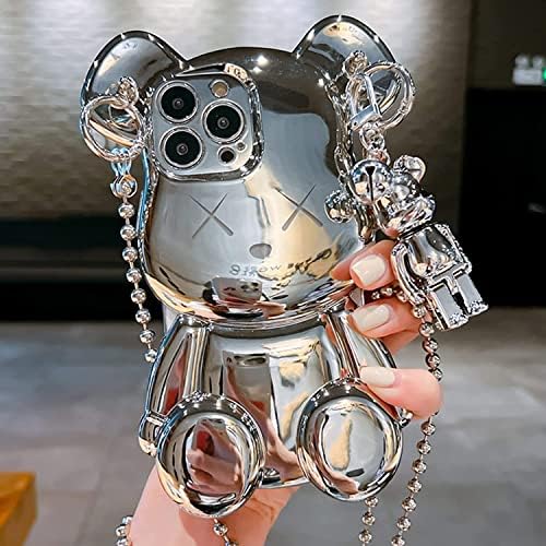 Espumoso Cute Case for iPhone 13 Pro Max, 3D Cartoon case Silver Bear Sparkle Bling Cover with Metal Chain Strap Bell Pendant, Fashion Plating Soft TPU Shockproof, Suitable for Women & Girls