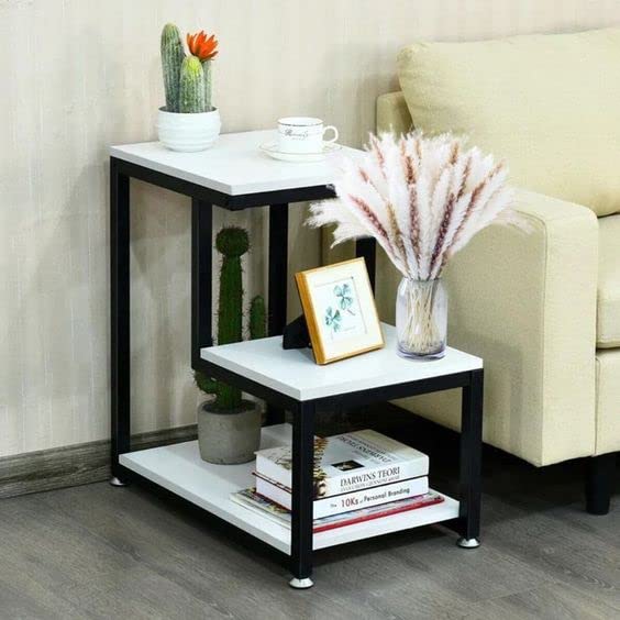 Image of 3-Tier Sofa Side Table, Nightstand with Storage Shelf, Sturdy Metal Frame, Ladder-Shaped Chair Side Table, Tabletop Storage Shelf for Living Room or Bedroom