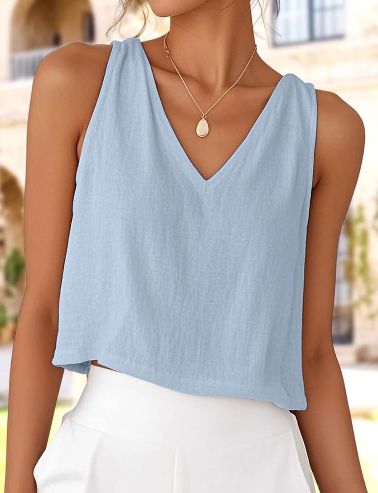Mywinway Linen Crop Tank Tops for Women Spring Summer Sleeveless V Neck Cropped Casual Fashion Beach Tops Shirts - Image 4