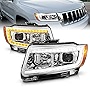 AmeriLite for 2011-2013 Jeep Grand Cherokee WK2 C-Type LED Switchback Tube Chrome Square Projector Headlight Assembly Pair - Passenger and Driver Side