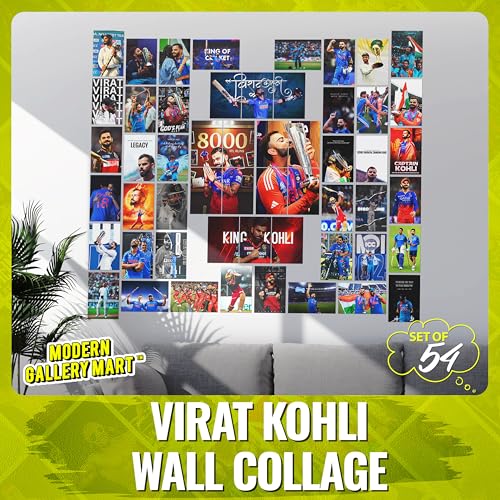 Image of MODERN GALLERY MART Pack of 54 Virat Kohli Wall Collage Kit Posters - 4 x 6 Inches Posters for Wall Decoration - Wall Art For Bedroom, Office, Living room, Dorm room - Glue Dots Included