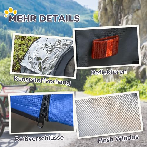 PawHut Hundeanhänger Fahrradanhänger Hundetransporter geländegängig Hunde Fahrrad Anhänger für Hunde Wetterfestes Oxford-Gewebe Stahlrahmen 145 x 80 x 87 cm Grau+Blau