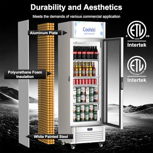 Image of Coolski 12.5 Cu.ft. Commercial Merchandiser Refrigerator Glass Door Beverage Refrigerator and Cooler with LED Lighting and Adjustable Shelves for Restaurant Cafe, Certified by ETL /ETL SANITATION