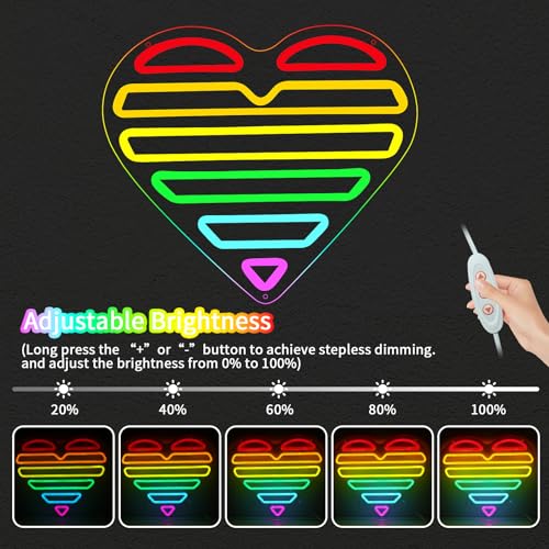 Image of ENUOLI Acrylic Heart Neon Sign Rainbow Heart Neon LED Light for Wall Decor | USB Powered Dimmable Decor Lamp,Rainbow Heart LED Night Light for Valentine's Day,Wedding,Birthday,Party,Club,Lover Gift