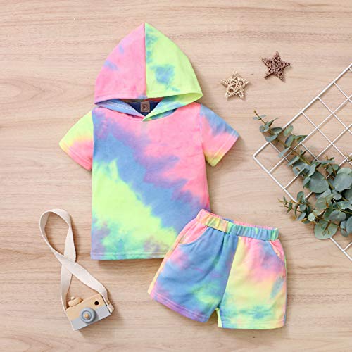 Printasaurus 3-4 Years Girls Outfits&Set, Toddler Baby Boys Girls Short Sleeve Rainbow Tie-Dyed Hoodie Tops Shorts Outfits