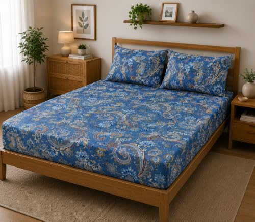 Image of Fitted Bedsheet Blue Paisley Floral Print Glace Cotton 210 TC | Single Size for Single Bed Fits 3 x 6.25 ft Mattress (36 x 75 Inch) | All Around Elastic | 2 Pillow Cover | 7 Inch Deep Pocket