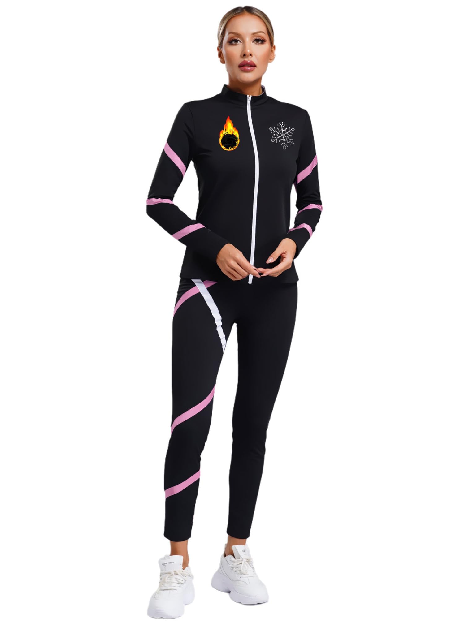 easyforever Womens Figure Ice Skating Gym Training Fleece Jacket Long Sleeve Zipper Sweatshirt with Gymnastics Leggings Pink XX-Large