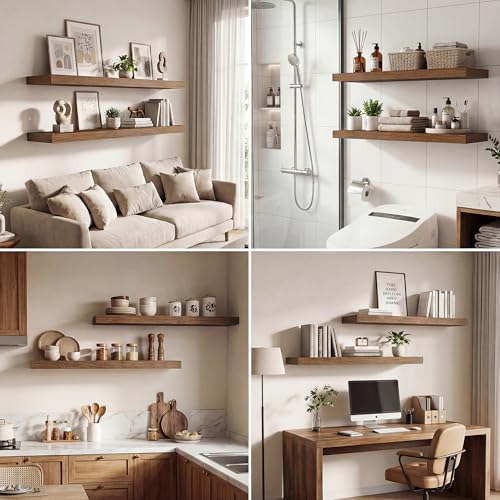 Image of Dreamland 16 Inches Floating Shelves for Wall, 9.3 inch Deep Long Floating Shelves Set of 2, Large Display & Storage Shelf, Wall Shelf for Bathroom Bedroom Living Room Kitchen Office, Walnut
