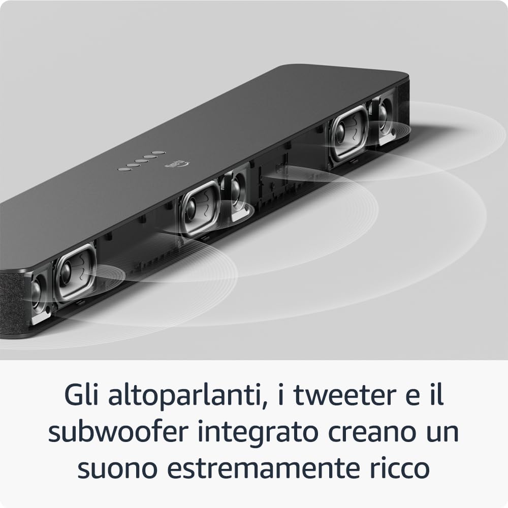 Ti presentiamo Fire TV Soundbar Plus di Amazon, 3.1 canali, design tutto-in-uno, Dolby Atmos, DTS:X, dialoghi nitidi