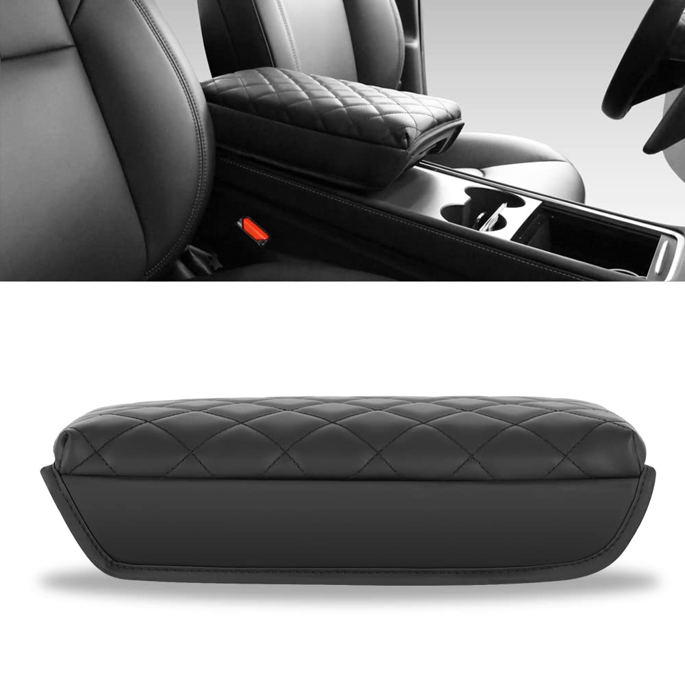 HANSSHOWCompatible Tesla Model 3 Model Y Armrest Pad, Center Console Cover, Leather Cushion Protector Wrap (NO Side Pockets, Black)