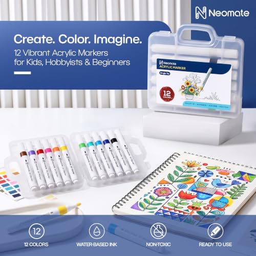 Image of Neomate 12 Pcs Single-Tip Acrylic Markers Set | Non-Toxic Art Supplies for Kids & Adults | Waterproof, Quick Dry | For Rock Painting, Canvas, Wood, Ceramic, Glass & DIY Crafts