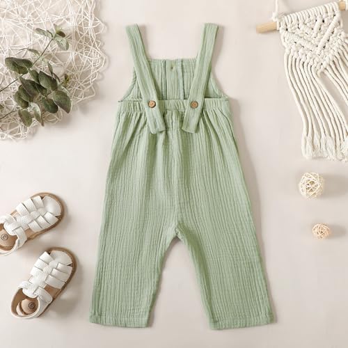 Neutral Baby Boy Girl Overalls Cotton Gauze Sleeveless Romper Button Down Jumpsuits with Pockets Toddler Summer Clothes3