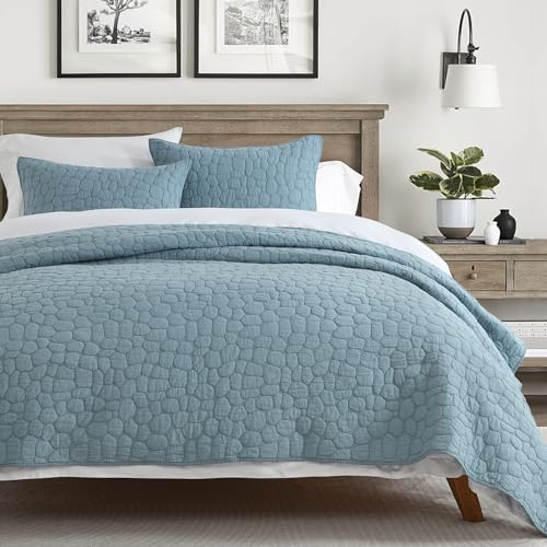 HORIMOTE HOME 100% Cotton Quilt Set Twin Size, Dusty Blue Pre-Washed Bedspreads Coverlet Set with Cobblestone Pattern, Cozy Lightweight Stitching Decorative Bedding Cover with 1 Sham for All Seasons