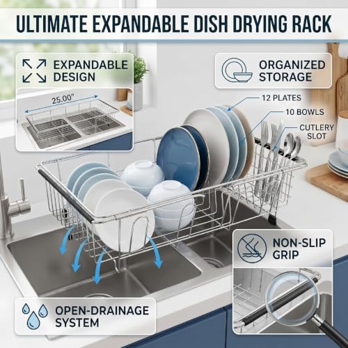 Rejilla extensible para secar platos Luocute: evite charcos con el escurridor sobre fregadero 7