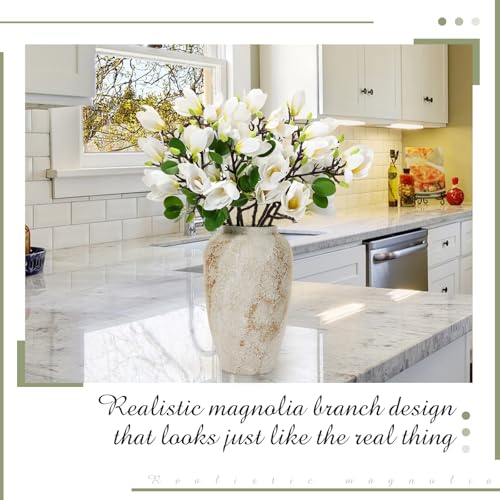 Janinka 8 Pcs Artificial Magnolia Flowers Stem for Spring Decoration Faux Fake Flora Stems Beautiful Magnolia Office Hotel Home Decor Accent Pieces(White)