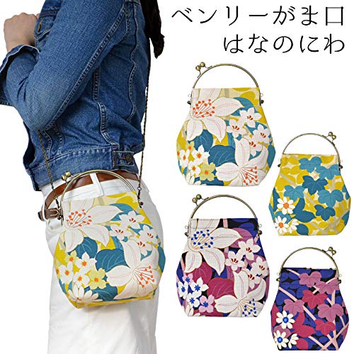 inokichi Benley Gamaguchi bag 2-Way Type Shoulder Bag Yukata Bag Japanese Pattern, Japanese Modern Kimono Bag , Flower garden, Hananoniwa - purple,2