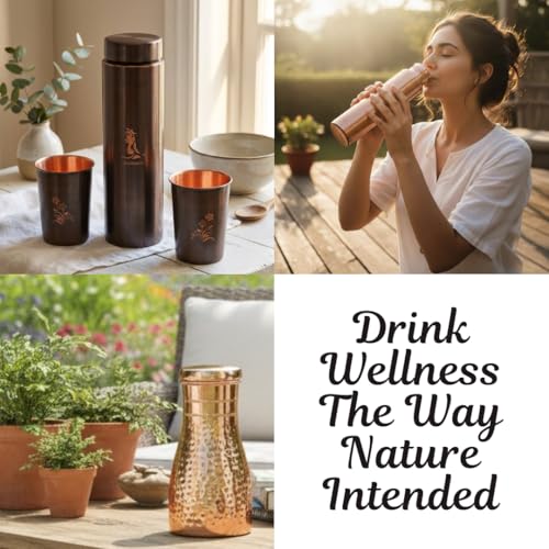 Image of Zen Copper Water Bottle 950ml | 100% Pure Copper Tamba Jal, Ayurvedic for Yoga & Wellness, Detox, Immunity & Hydration, With Cotton Pouch