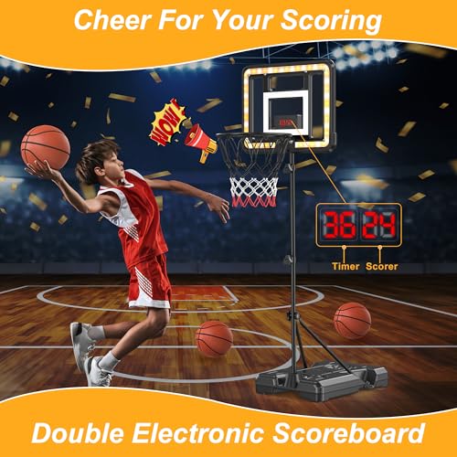 Kids Indoor Basketball Hoop with Scoreboard & Timer,Toddler Adjustable Height Basketball Goal Toy for Outdoor Backyard,Sports Game Play3