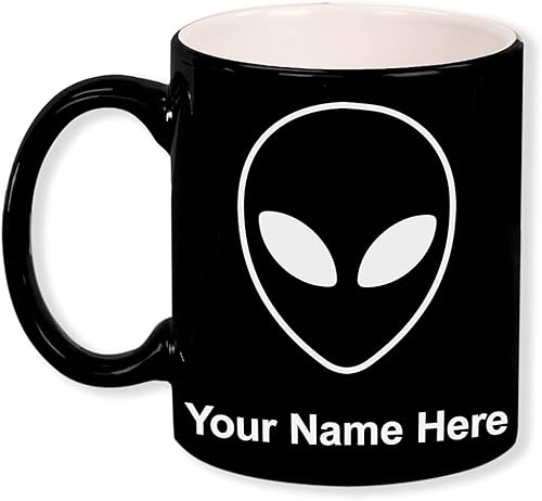 LaserGram Taza de café redonda de cerámica de 11 onzas, cabeza alienígena, grabado personalizado incluido (negro)