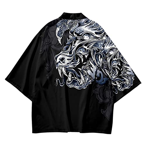 Image of DOSLAVIDA Men's Japanese Kimono Jacket Set Stylish Open Front Coat With Shorts Chinese Style Printed Cardigan Suit