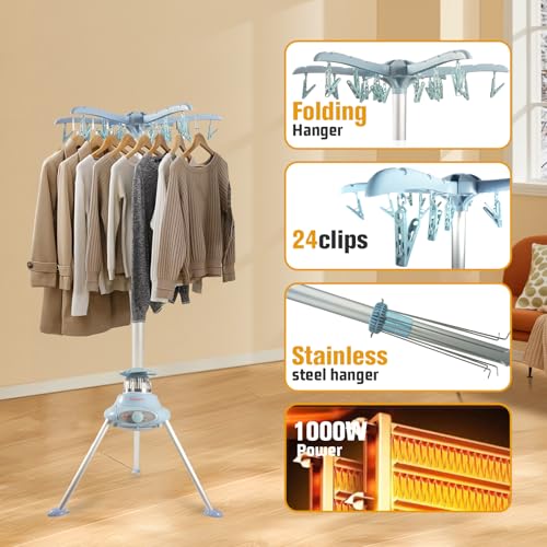CROWNSHOP 1000W Heated Clothes Airer with Cover, 2-Tier Stainless Steel Foldable Electric Clothes Dryer, Energy Efficient Indoor Drying Rack 10Kg of Clothing 180 Minutes Timer Auto Power-Off - Image 2