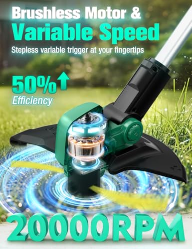 Image of KIMO Weed Wacker Cordless Battery Powered w / 2 x 2.0Ah Batteries, 2-in-1 String Trimmer & Edger with Charger & Wheels, 12 inch Dual-Sided Cutting Lines (10Pcs), Electric Weed Eater 20V for Lawn Yard
