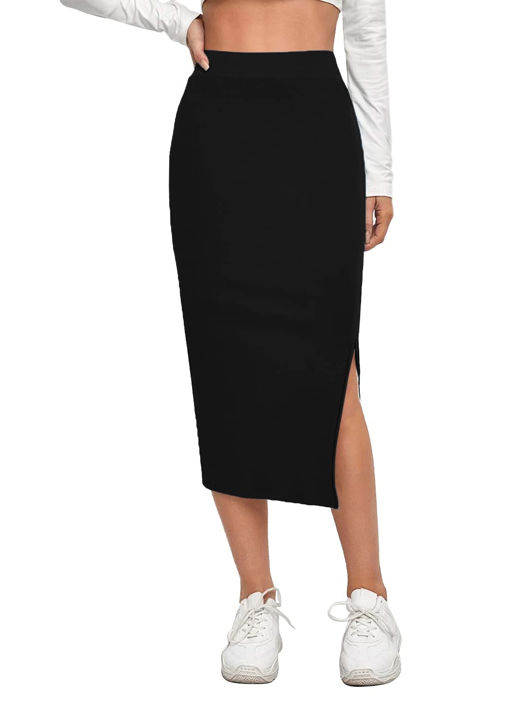 Polyester Solid Below Knee Slit Women's and Girls Pencil Skirt-image-39