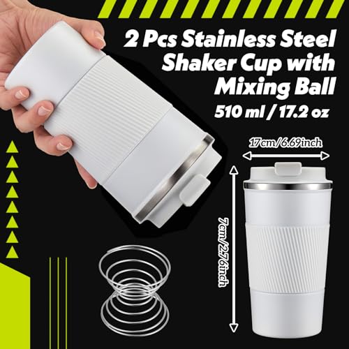 Image of Maxdot 2 Pcs 17 oz Stainless Steel Shaker Cup with Mixing Ball Insulated Metal Blender Tumbler Water Bottle for Protein Mixes Shakes Gym Workout Coffee Drink (White)