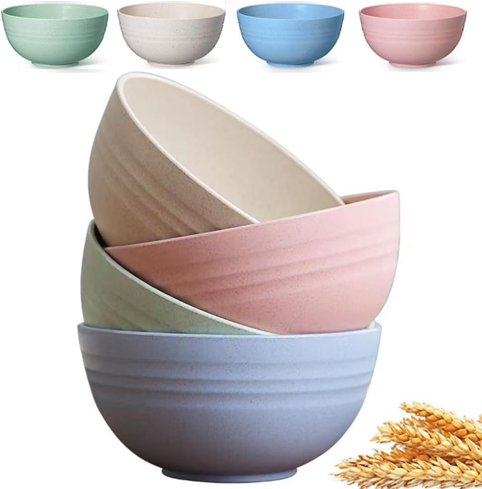 Image of PRANIJ Reusable Wheat Straw Bowl Set of 4 - Dishwasher & Microwave Safe - BPA Free - Unbreakable Cereal Bowls for Salad, Rice, Soup - 800 ML