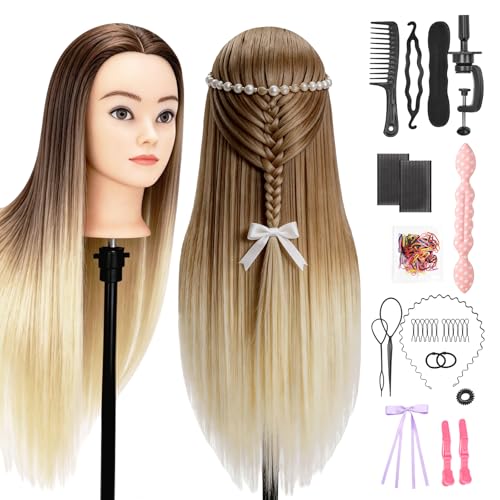【 Capelli sintetici di qualità】 Testa manichino con capelli sintetici da 28-29 pollici, morbidi e facili da gestire. Ideale per esercitarsi in taglio, trecce e styling.