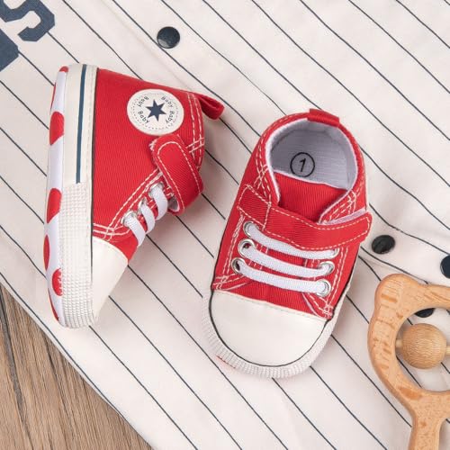 Image of Unisex Baby Girls Boys Canvas High-top Shoes, Newborn Infant Anti-Slip Soft Sole Frist Walking Breathable Sneakers