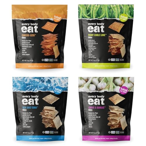 Image of Every Body Eat Snack Cracker Thins, Vegan, Gluten Free, Seed Oil Free, and Dairy Free (4 Ounce (Pack of 4), Variety Pack)