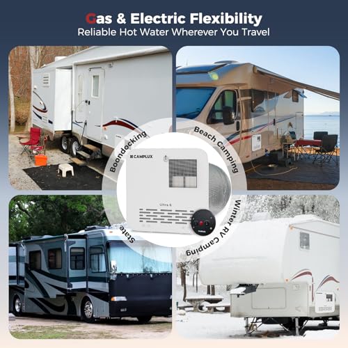 Image of CAMPLUX 6 Gallon RV Water Heater, Gas /Electric /Hybrid, 12,000 BTU, 1440W, Porcelain-Lined Tank with Anode Rod, DSI Ignition, Compatible with Suburban & Dometic, White