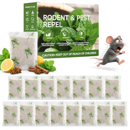 Pest Repellent Pouches 15 Pack Peppermint Oil Rodent Repellent Mouse Rat & Squirrel Deterrent for Indoors/Outdoors Safe for Family & Pets Long-Lasting for Home Garage Warehouse