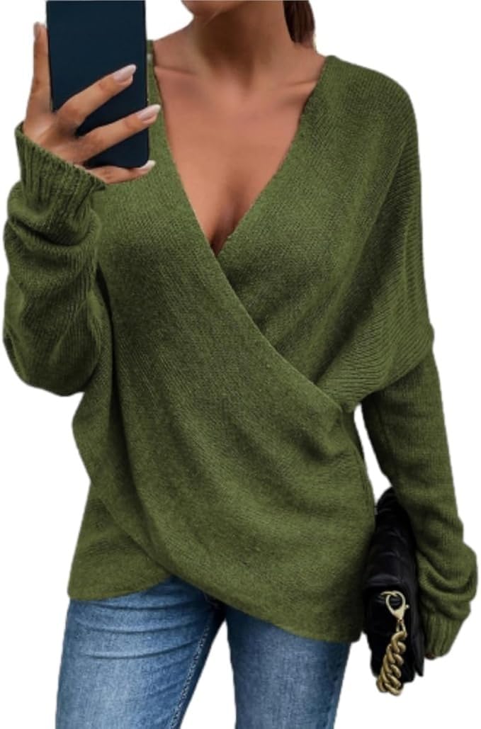 Women's V-Neck Crisscross Sweater Oversized Long Sleeve Cross Wrap Knit Pullover Top Fall Fashion Cute Sweaters