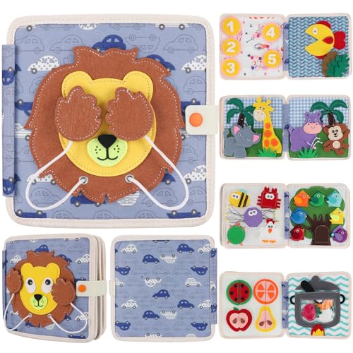 KIDS KING Montessori Busy Board for Toddlers, Soft Activity Book for Fine Motor Skills, Counting, Cognition, Sorting Matching, Travel Toys for Airplane Car, Gift for Girl Boy 2-4 Years Old (Lion)