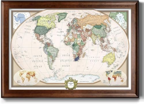 Renditions Gallery Colorful World Map Canvas Wall Art with Walnut