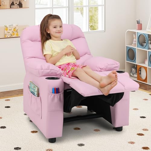 Image of Costzon Kids Recliner Chair with Cup Holder, Adjustable Lounge Chair w /Footrest & Side Pockets for Children Boys Girls Room, Ergonomic Toddler Furniture Sofa, Kids Pink Recliner (Pink)
