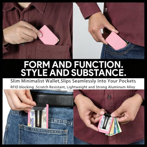 Image of Minimalist Wallet for Men, Slim Metal RFID Blocking Wallet Credit Card Holder Money Clip & Cash Strap, Scratch-Resistant Holds 15 Cards,Ideal Gift for Men | Matte Pink