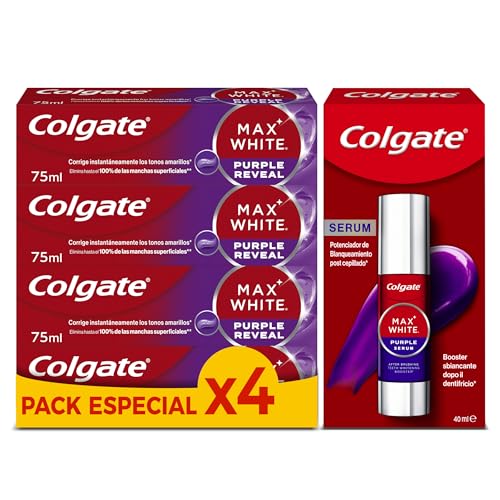 Miniatura 8 de COLGATE Pack Pasta de Dientes Blanqueadora Max White Purple Reveal 4 x 75ml + Sérum Morado 40ml Blanqueador Instantáneo sin Flúor - Dientes más Blancos - Elimina las Manchas Superficiales
