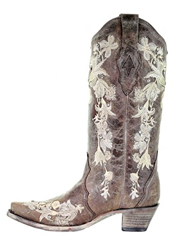 Corral Women's Flowered Embroidery & Crystals Cowgirl Boot - Tobacco - TOBACCO - 8 - M2