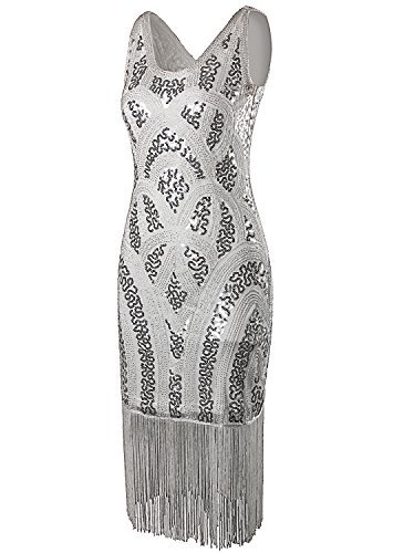 Vijiv 1920s Vintage Inspired Sequin Embellished Fringe Prom Gatsby Flapper Dress, Off-white, X-Small