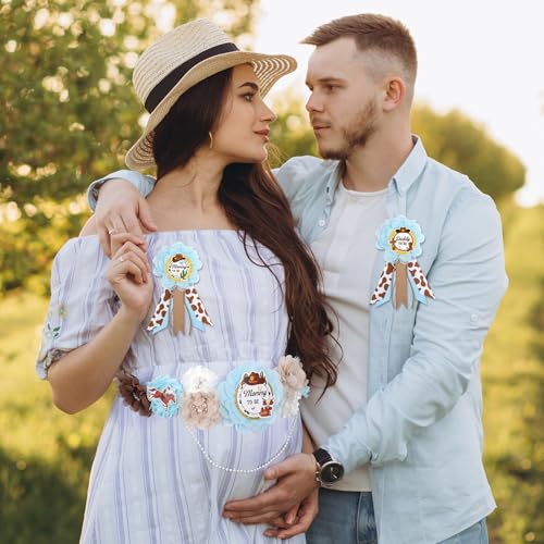 Image of Western Baby Shower Decorations - 3 Pcs A Cowboy Little is on The Way Mom and Dad to Be Sash Badge Pins Sets for Boys Blue Gender Reveal Party Supplies Brown Maternity Corsage Belt Decors