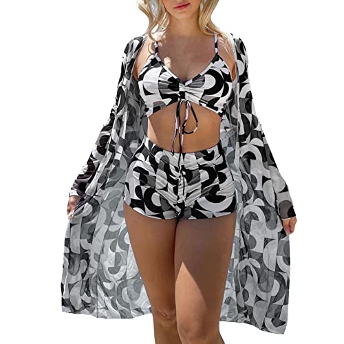 Traje de Baño para Mujeres de Tres Piezas Malla Bikini Bañador de Cintura Alta Blusa de Manga Larga Bañador Protector Solar Bañadores de Surf de Playa Natacion de Vacaciones