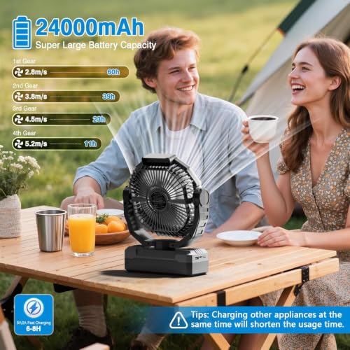 Image of FRIZCOL 3-in-1 Camping Fan - Portable Fans Rechargeable - 24000mAh Battery Powered Fan with Light for Indoor, Outdoor, Tent, Travel, Fishing, Jobsite, Gifts for Men Dad Him - Black