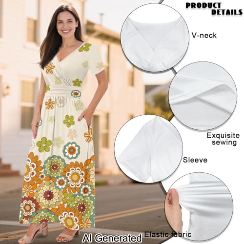 Image of Women's Fall Summer Short Sleeve Ankle Length V-Neck Party Dress with Pockets Size S-3XL
