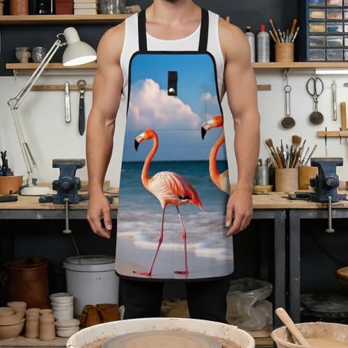 Delantal de trabajo ajustable con bolsillos y diseño flamingo miniatura 4