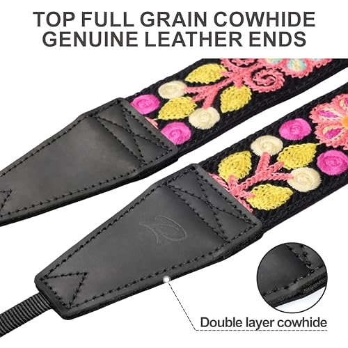 Image of Padwa Lifestyle Colorful Crochet Camera Strap - 2 inch Full Grain Leather Ends Camera Straps for Photographers, Vintage Woven Cotton Soft Suede Fabric Padded Strap with Quick Release fits All Cameras