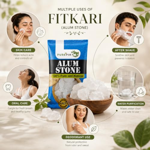 Image of PUREPIK Pure Pik Alum Stone, Fitkari Stone (200 Gram) | Phitkari, White Crystal Stones, Fitkari For Skin Tightening And Glowing Skin,Vastu,Shaving,Teeth,Water Purification