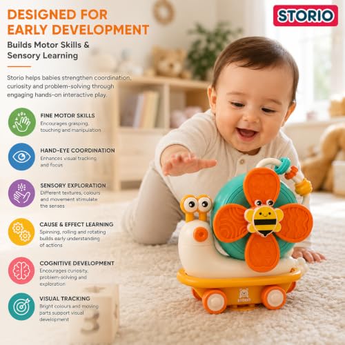 Image of Storio 5-in-1 Baby Suction Spinner Toy, Interactive Learning Set with Rattle and Sensory Play, for 6+ Months Kids - Orange & Cream